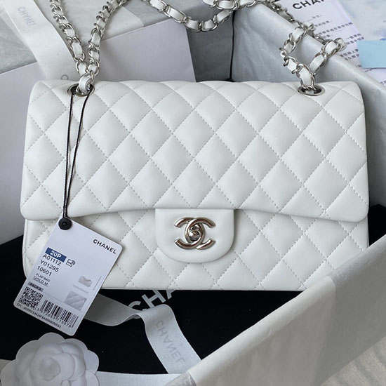 Bolso De Mano Mediano Clásico Con Solapa Blanco Con Plata A01112