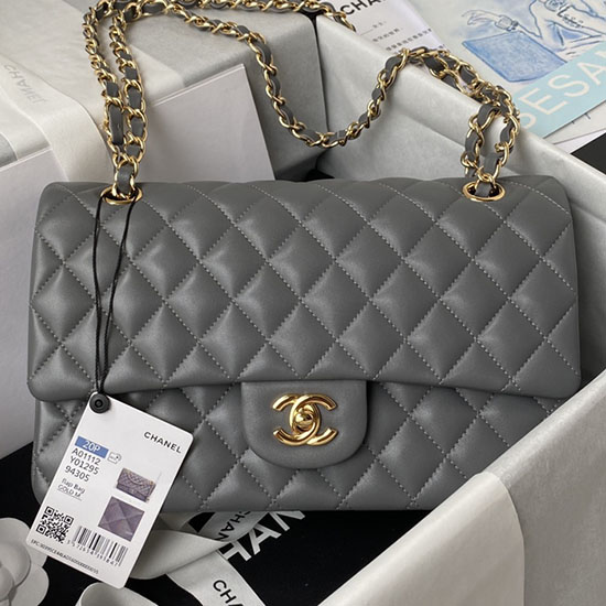 Bolso De Mano Mediano Clásico Con Solapa Gris Con Dorado A01112