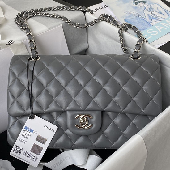 Bolso De Mano Mediano Clásico Con Solapa Gris Con Plata A01112