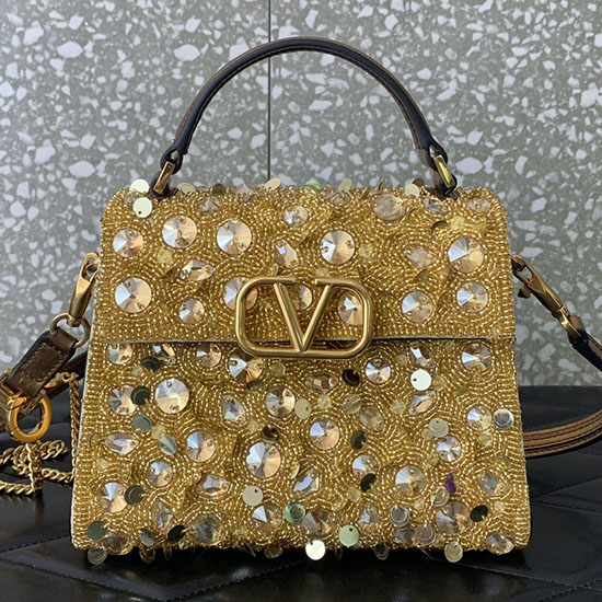 Bolso De Mano Valentino Mini Vsling Con Bordado 3d Dorado V0068