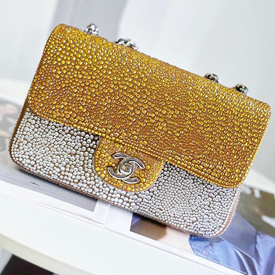 Bolso De Noche Clásico Con Mini Solapa De Chanel Y Cristal Dorado As22