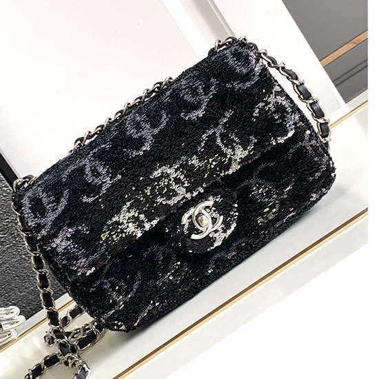 Bolso De Noche Pequeño Con Lentejuelas Chanel Negro Con Plata As4297