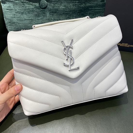 Bolso Loulou Pequeño De Piel Con Cadena Saint Laurent Blanco 494699