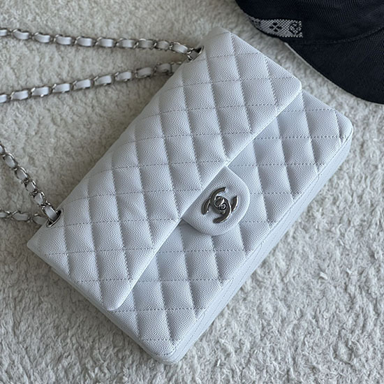 Bolso Mediano Clásico Con Solapa De Piel De Becerro Flor De Chanel Blanco A01112