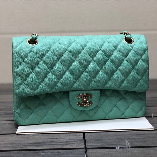 Bolso Mediano Clásico Con Solapa De Piel De Becerro Granulada De Chanel Verde Cf1112