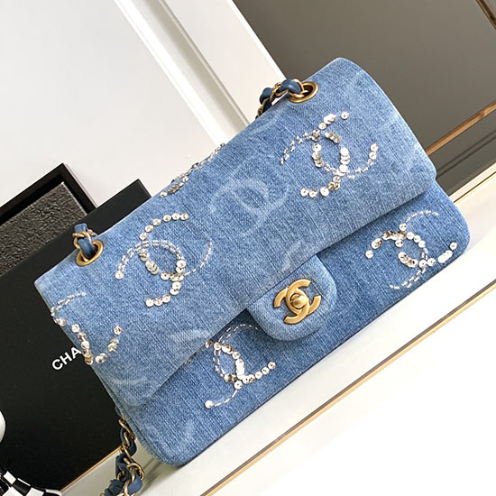 Bolso Mediano Con Solapa De Mezclilla Chanel Azul As1112