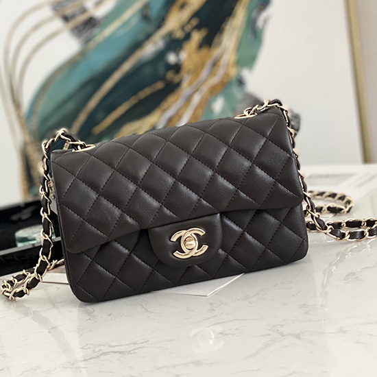 Bolso Pequeño Clásico Chanel De Piel De Cordero Con Solapa Marrón Oscuro Cf1116