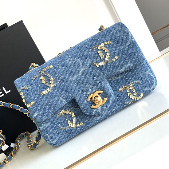 Bolso Pequeño Con Solapa De Mezclilla Chanel Azul As1116