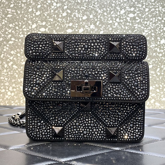 Bolso Romano Stud Pequeño Strass Valentino Negro V2299