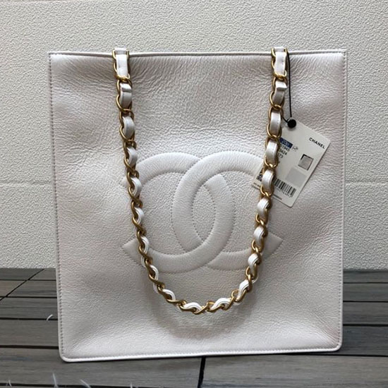 Bolso Shopping Chanel De Piel De Becerro Envejecida Brillante Blanco As1945