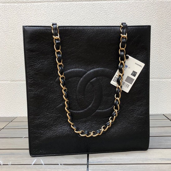 Bolso Shopping Chanel De Piel De Becerro Envejecida Brillante Negro As1945