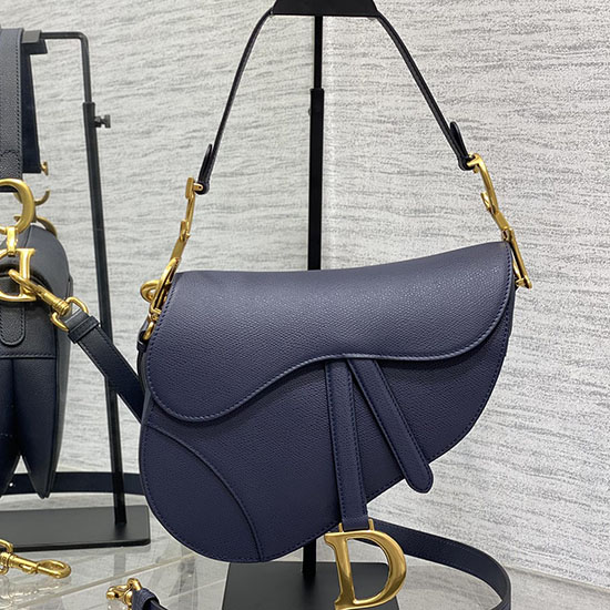 Bolso Sillín Dior De Piel De Becerro Granulada Con Correa Azul Marino M0455