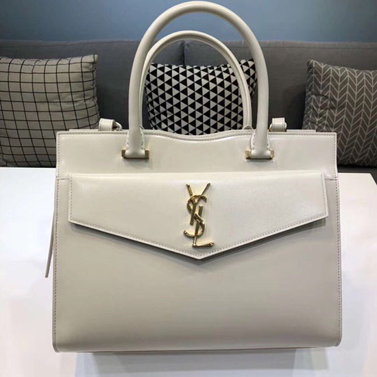 Bolso Tote Saint Laurent Mediano Uptown En Cuero Liso Brillante Blanco 557653