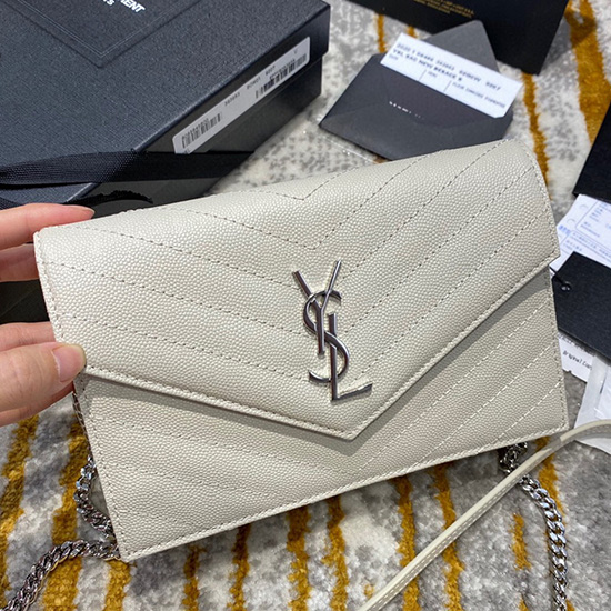 Cartera Con Cadena Tipo Sobre De Saint Laurent Blanca Con Plata 393953