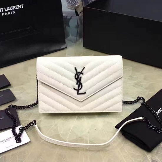 Cartera Pequeña Con Cadena De Cuero Matelasse Granulado Con Monograma De Saint Laurent Blanco Y121280