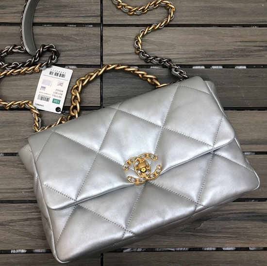 Chanel 19 Bolso Grande Con Solapa Plateado As1160