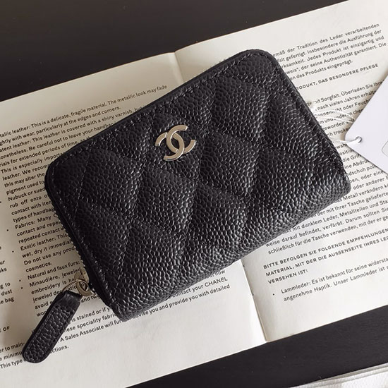 Chanel Caviar Zippy Monedero Negro Con Plata 84511