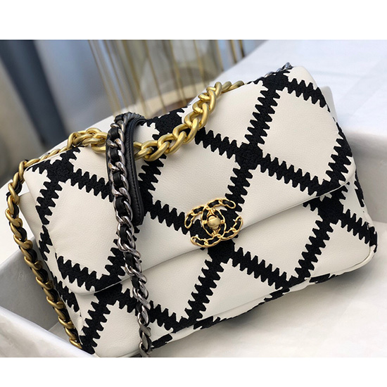 Chanel Piel De Becerro 19 Bolso Grande Con Solapa Blanco Y Negro As1161