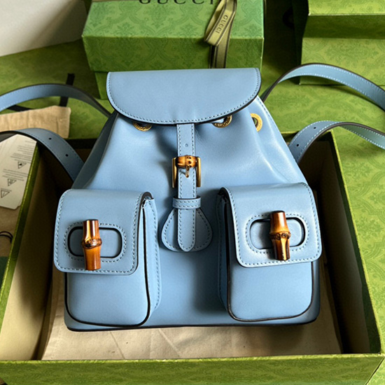 Mochila Pequeña De Bambú Gucci Azul 702101