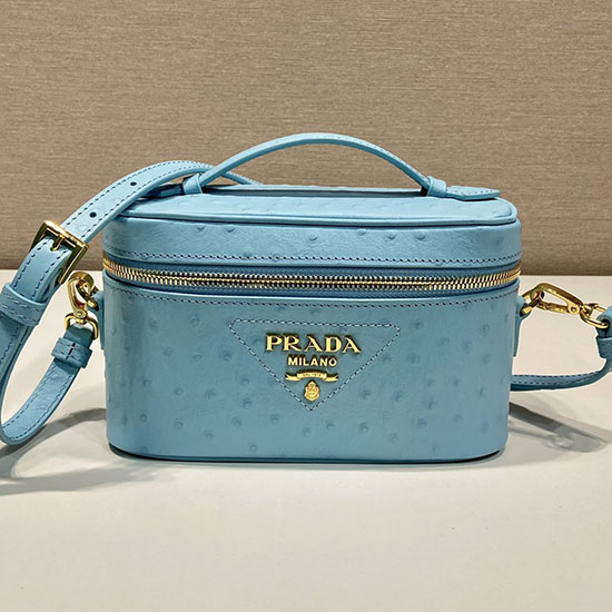 Prada Mini Bolso De Cuero Con Venas De Avestruz Azul 1bh202