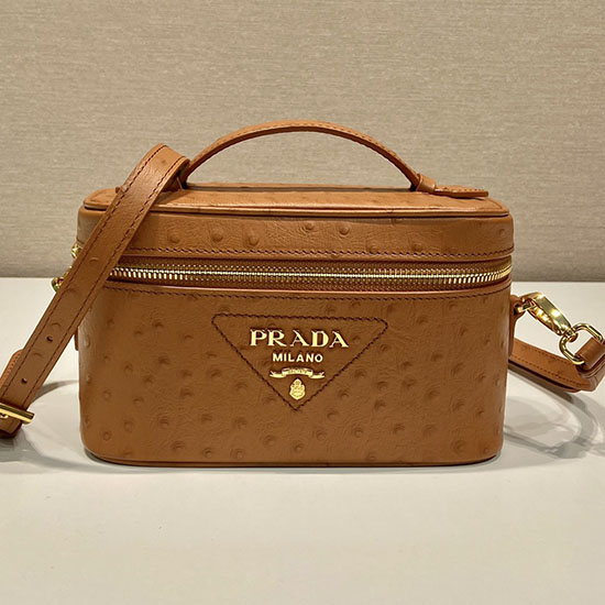 Prada Mini Bolso De Cuero Con Venas De Avestruz Marrón 1bh202