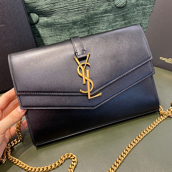 Saint Laurent Cartera Sulpice De Cuero Con Monograma Y Cadena Negro 554763