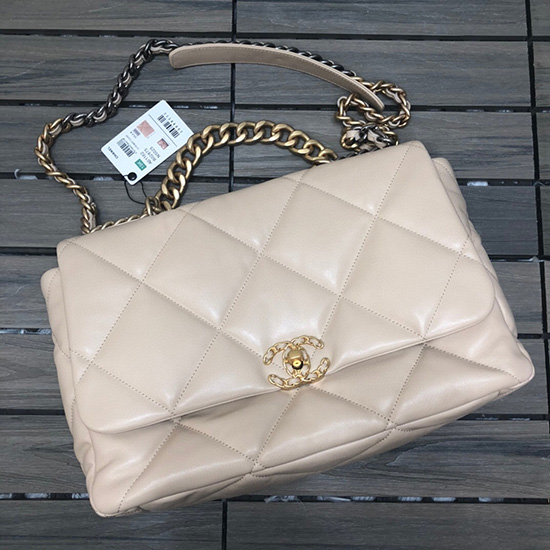 Chanel 19 Lampaannahkainen Maxi Läppäkassi Beige As1162