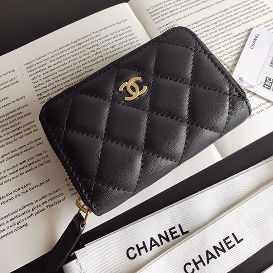 Chanel Lampaannahkainen Vetoketjullinen Kolikkokukkaro Musta Kullalla A84511