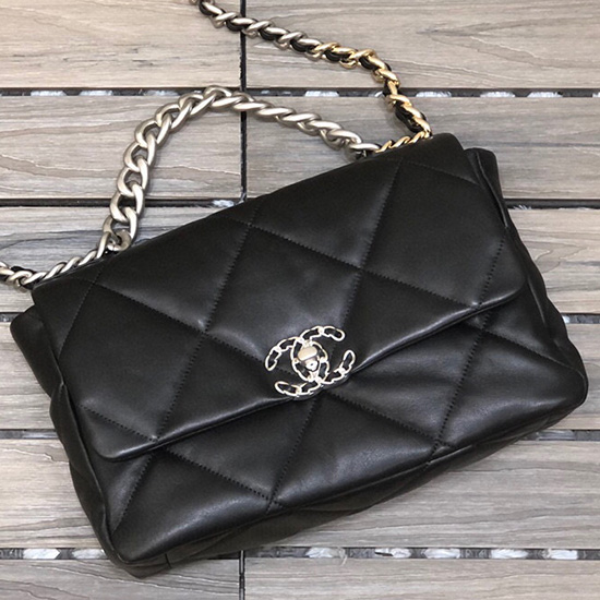 Chanel 19 Grand Sac à Rabat En Cuir Dagneau Noir As1161