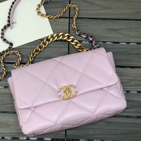 Chanel 19 Grand Sac à Rabat En Cuir Dagneau Rose As1161