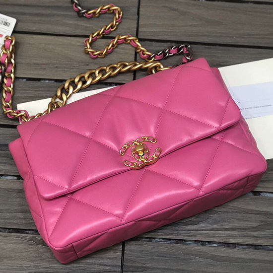 Chanel 19 Grand Sac à Rabat En Cuir Dagneau Rose As1161