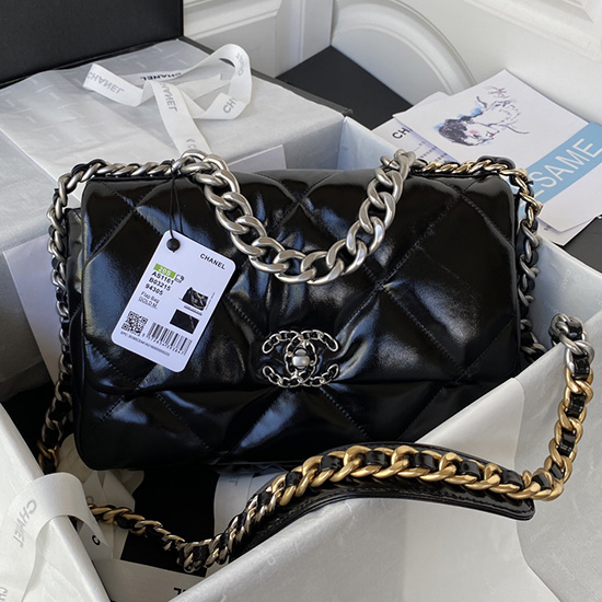 Chanel 19 Grand Sac à Rabat En Cuir De Veau Brillant Noir As1161