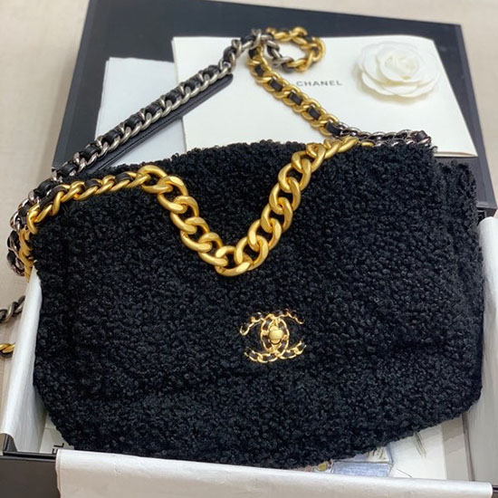 Chanel 19 Grand Sac à Rabat En Laine Noir As1161