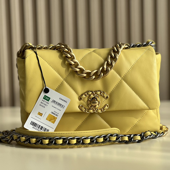 Chanel 19 Sac à Main à Rabat En Cuir Dagneau Jaune As1160