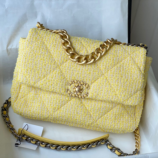 Chanel 19 Tweed Grand Sac à Rabat Jaune As1161