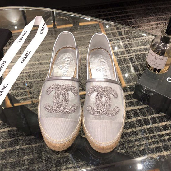 Espadrilles Chanel En Maille Et Gros-grain Argent C15063