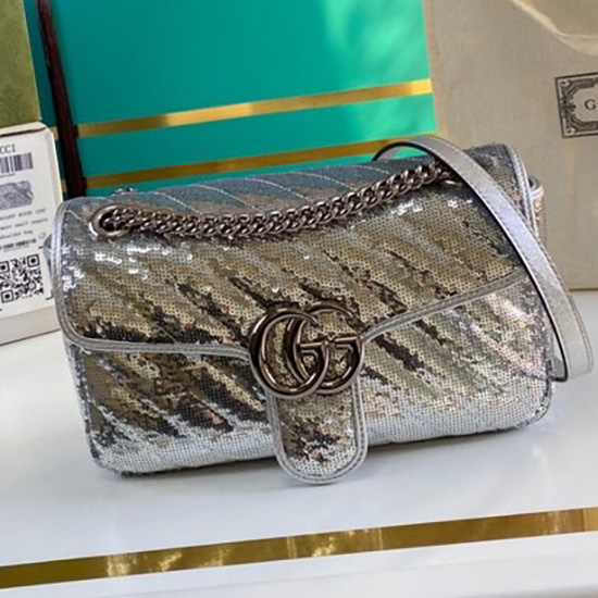 Gucci Gg Marmont Petit Sac à Bandoulière à Sequins Argent 443497