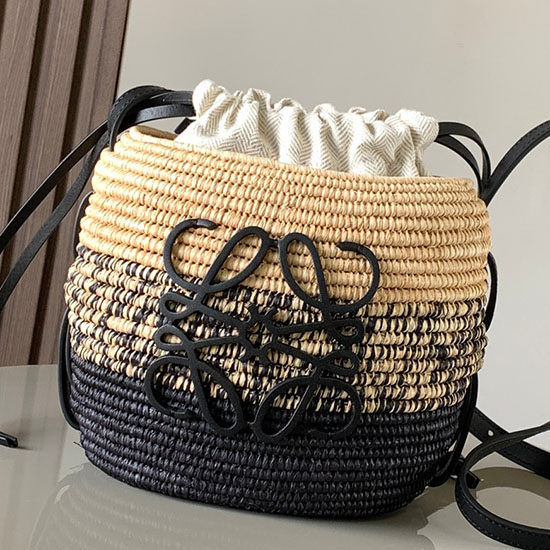 Loewe Sac Panier Noir Ruche En Raphia Et Cuir De Veau L8002