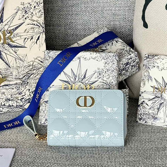 Portefeuille Lady Dior Verni écarlate Bleu Clair S5032