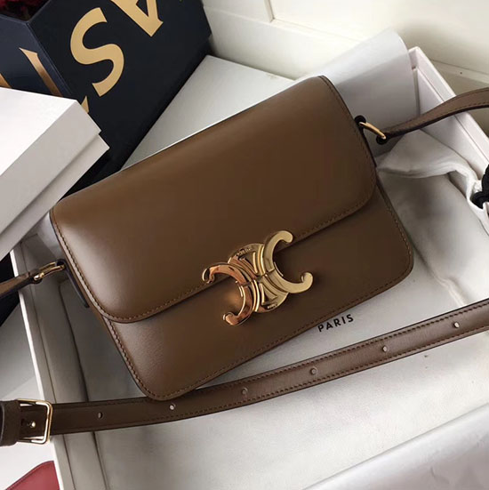 Sac Celine Triomphe Moyen En Cuir De Veau Brillant Marron C03081