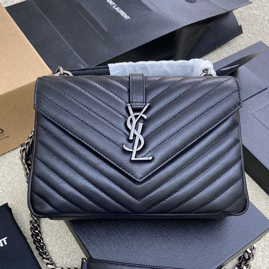 Sac Collège En Cuir Matelassé Moyen Saint Laurent Noir Avec Argent 392737