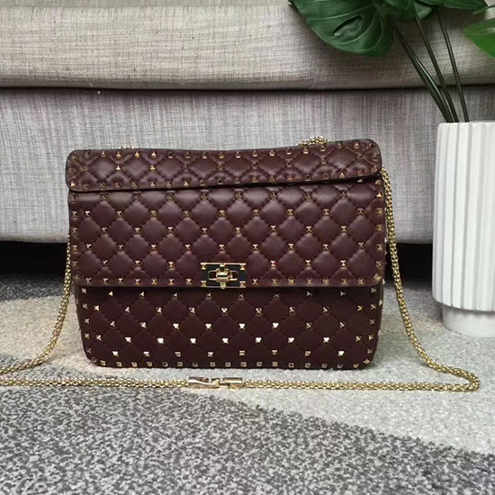 Sac à Chaîne à Pointes Rockstud Garavani En Cuir Dagneau Valentino Bordeaux V0121