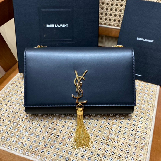 Sac à Pompon Lisse Kate Monogramme Saint Laurent Noir Avec Or 354119