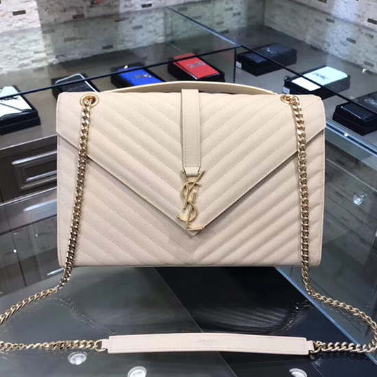 Saint Laurent Grand Sac Bandoulière Matelassé Grainé Blanc Cassé 396910