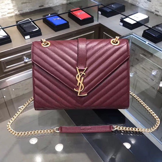 Saint Laurent Sac Bandoulière Matelasse Grainé Moyen Bordeaux 428134