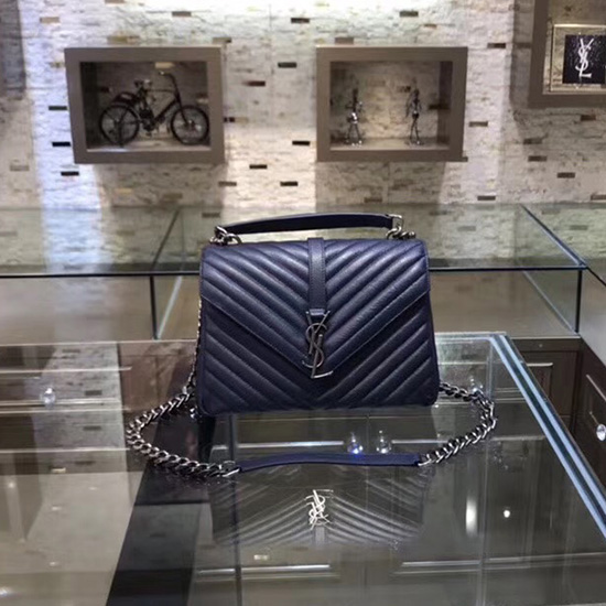 Saint Laurent Sac à Bandoulière En Cuir Matelasse Moyen Bleu Avec Détails Argentés 428056