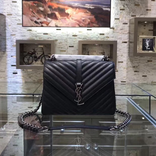 Saint Laurent Sac à Bandoulière En Cuir Matelasse Moyen Noir Avec Détails Argentés 428056