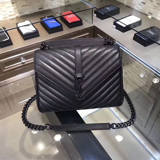 Saint Laurent Sac à Bandoulière En Cuir Matelasse Moyen Noir Avec Détails Noirs 428056