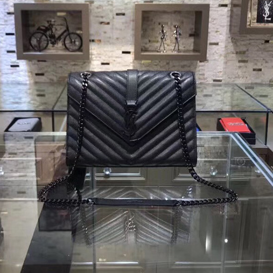 Saint Laurent Sac à Bandoulière Matelasse à Grain Moyen Noir Avec Détails Noirs 428134