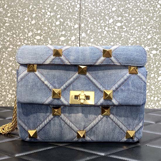 Valentino Medium Roman Stud Le Sac à Bandoulière Denim Vm1189